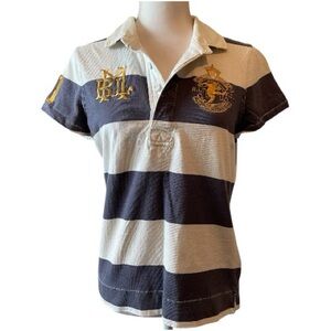 Ralph Lauren Polo Rugby Navy Striped Embroidered Crested Patch Top Size Large